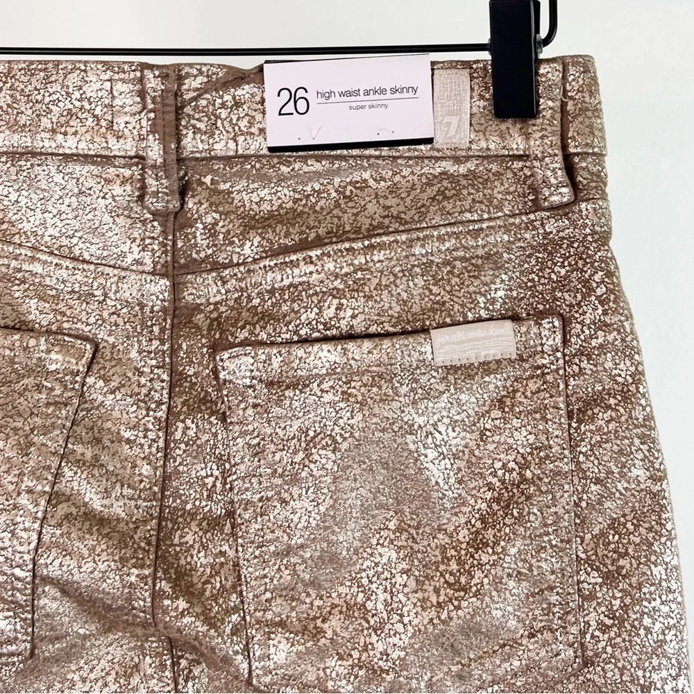 NWT 7 For All Mankind High Waist Skinny Ankle Jean Metallic Velvet Gold